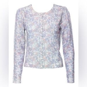 LoveShackFancy Simona Floral Puff Sleeve Cardigan Serenity Blue Wool Cashmere XS